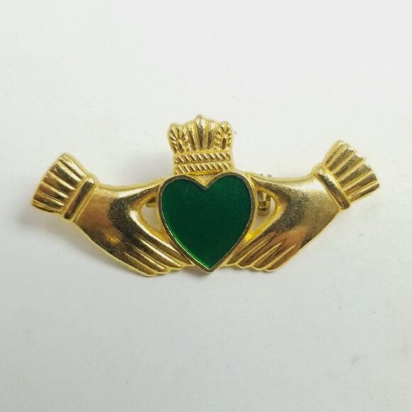 Vintage Claddagh Crown Heart Hands Brooch, Gold Tone Green Irish Ireland - Picture 5 of 6